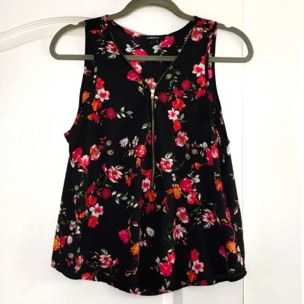 Ambiance black pink floral size large sleeveless zip front detail blouse
